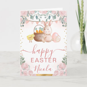 Carte Lapin et fleurs à l'aquarelle Joyeuses Pâques