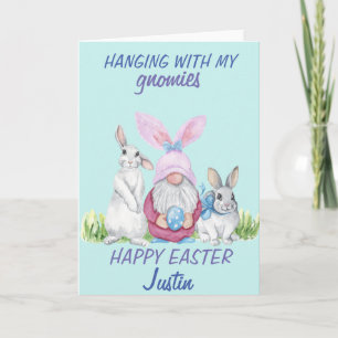 Carte Lapin Gnome Joyeuses Pâques nom personnalisé