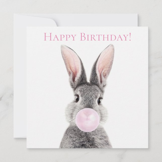 Carte Lapin gris soufflant bulle rose gomme (Devant)