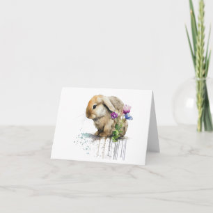 Carte Lapin lapin à coulisse d'aquarelle avec Fleurs BLA