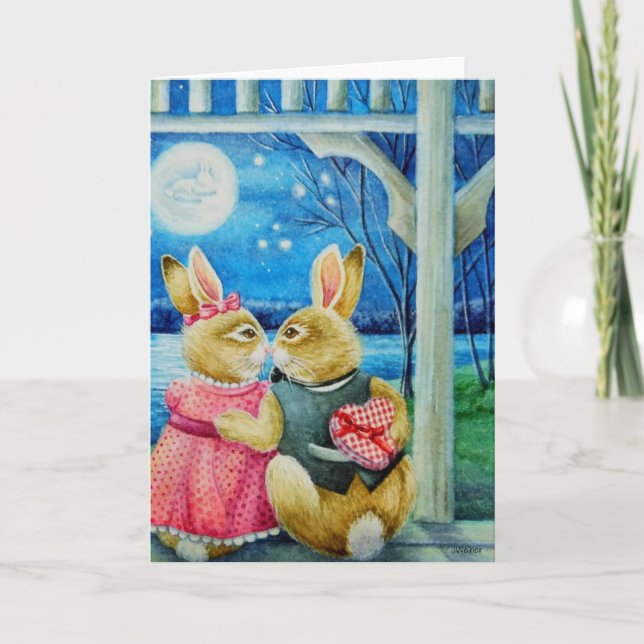 Carte Lapin lapin en gros Valentines Aquarelle Art (Devant)