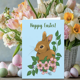 Carte Lapin Lapin Fleurs Roses