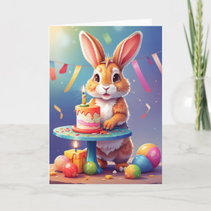 Carte Lapin mignon souriant avec gâteau