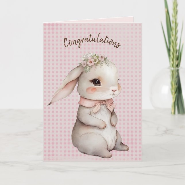 Carte Lapin mignon sur gingham pour nouveau-né (Devant)