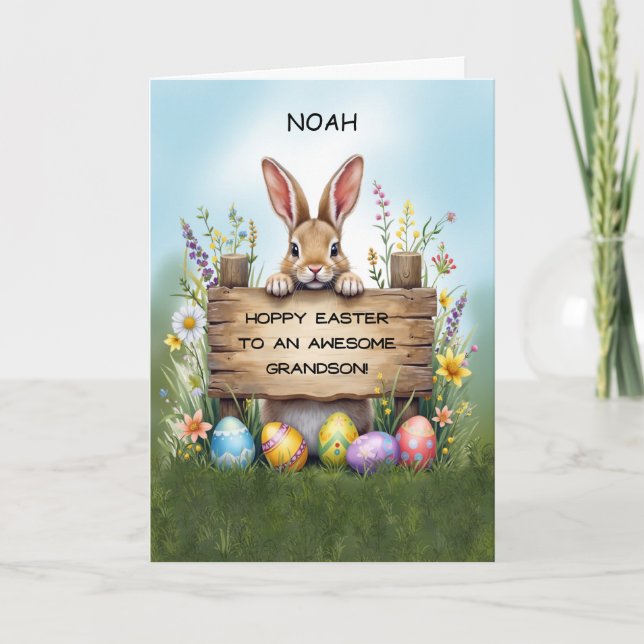 Carte Lapin Petit-fils en herbe avec oeufs de Pâques (Devant)