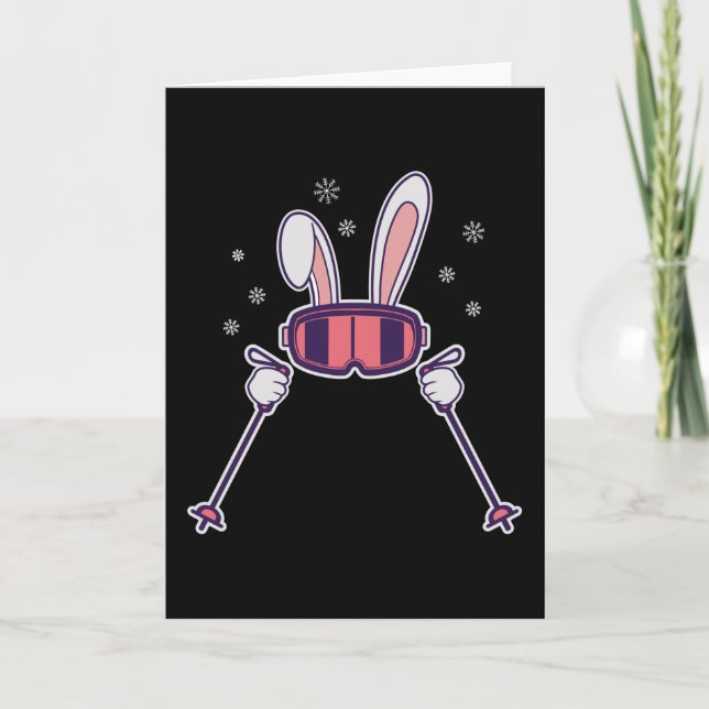 Carte Lapin skieur avec bâtons de ski et lunettes de ski (Devant)