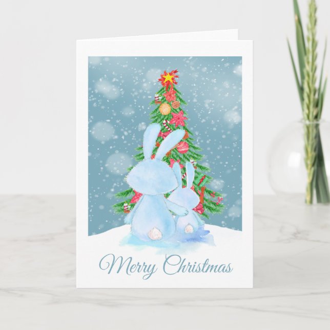 Carte Lapins de Père Noël regardant l'arbre dans la neig (Devant)
