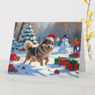 Carte Lapphund finlandais coule la neige avec le Casquet