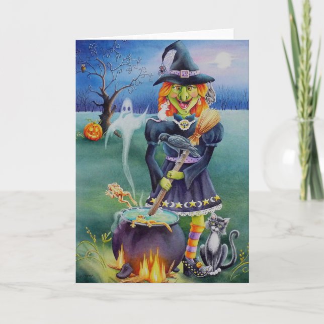 Carte L'art de l'aquarelle de la sorcière d'Halloween et (Devant)