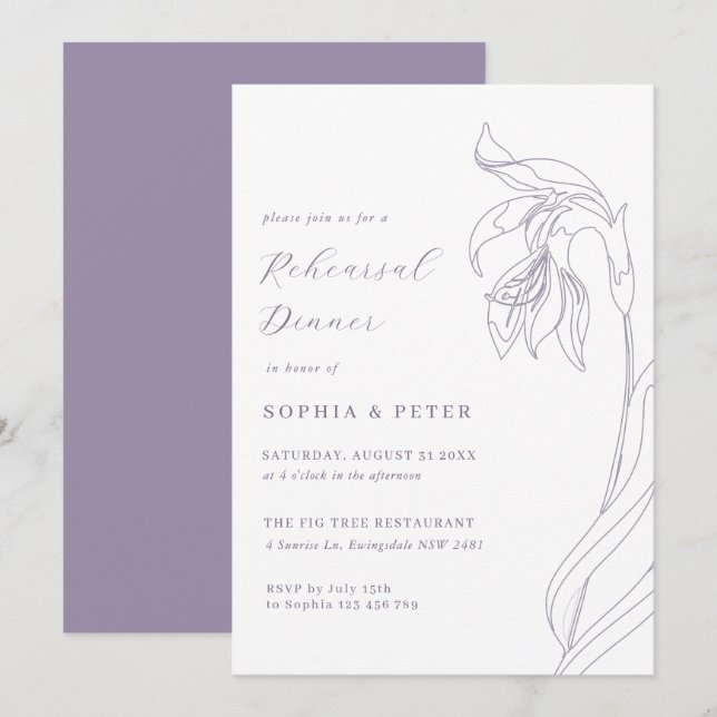 Carte Lavande de fleur de ligne répétition dîner Invitat (Devant / Derrière)