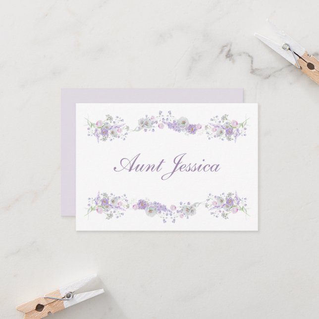 Carte Lavande florale Lavande Plat Place Card (Devant/Arrière en situation)