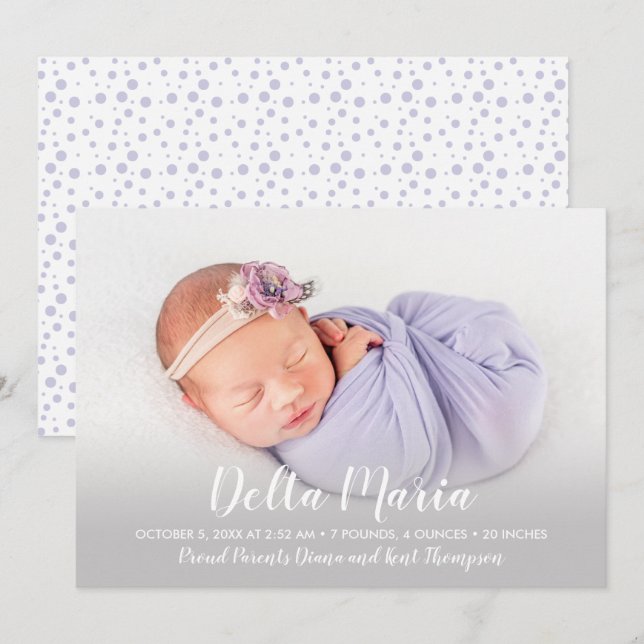 Carte Lavender Baby Girl Photo Annonces de naissance (Devant / Derrière)