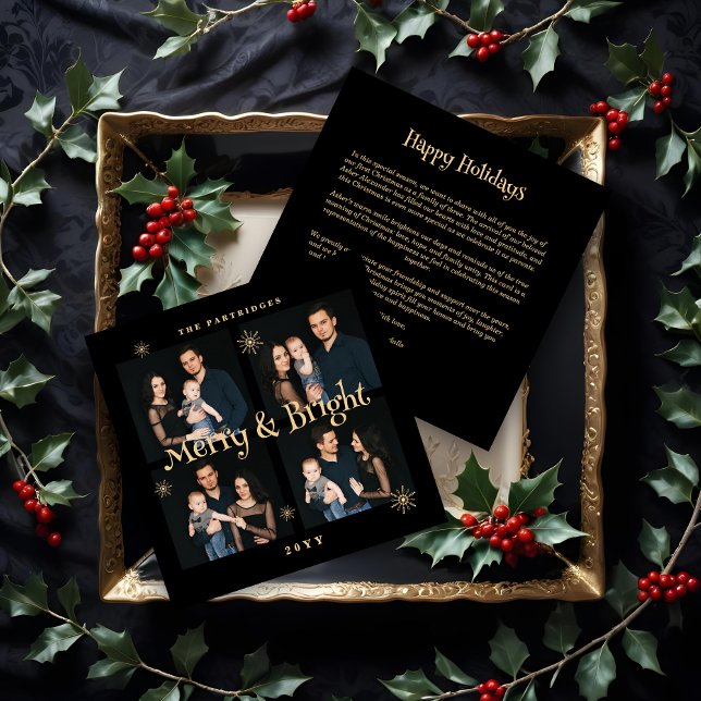 Carte Lavish Black & Gold 4 Photos Collage Christmas  (Lavish Black & Gold 4 Photos Collage Christmas Snowflakes Holidays Cards.)