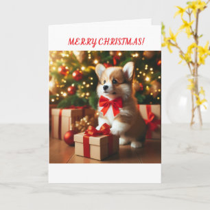 Carte Le chiot de Corgi près du sapin de Noël.