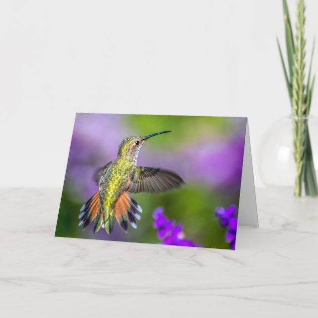 Carte Le colibri dans le pourpre fleurit la salutation (Devant)