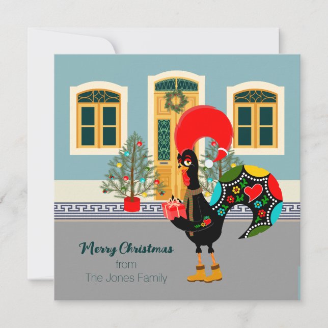 Carte Le coq portugais avec un cadeau de Noël (Devant)