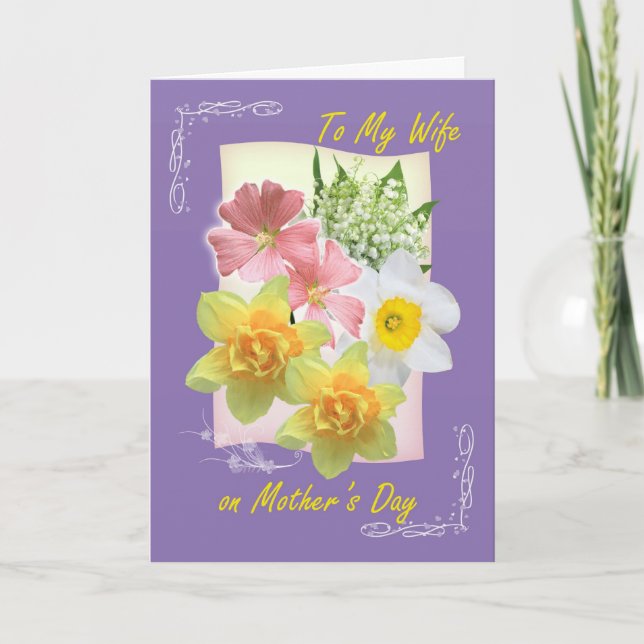 Carte Le jour de mère, épouse. Jonquille, le muguet (Devant)