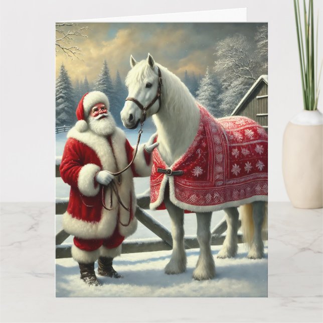 Carte Le Père Noël avec Cheval Blanc sur la ferme neigeu (Devant)