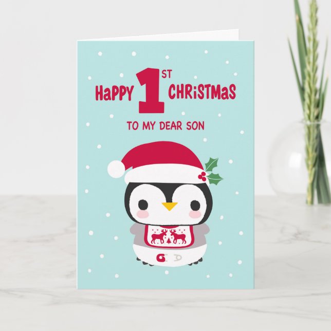 Carte Le premier Noël de mon fils avec un bébé pingouin (Devant)