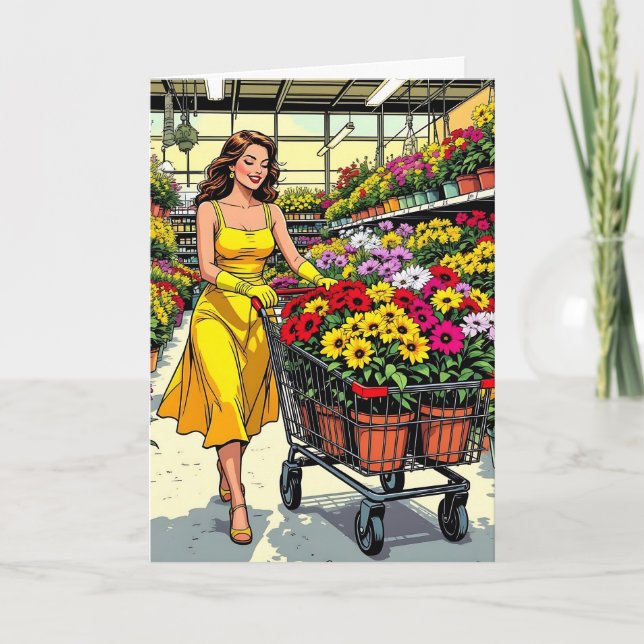 Carte Le Printemps est ici ! Gants de jardinage et robe  (Devant)