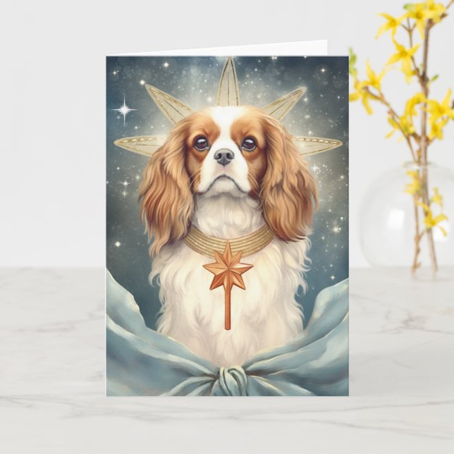 Carte Le roi Cavalier Charles Spaniel comme Ange de Noël (Fleur jaune)