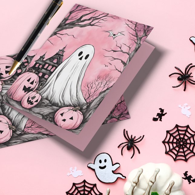 Carte Le rose est le fantôme et l'Halloween Citrouille d (Cute, funny and best of all, pink!)