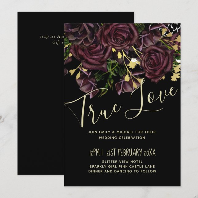 Carte LeahG BUDGET Dark PLUM Rose Mariage (Devant / Derrière)