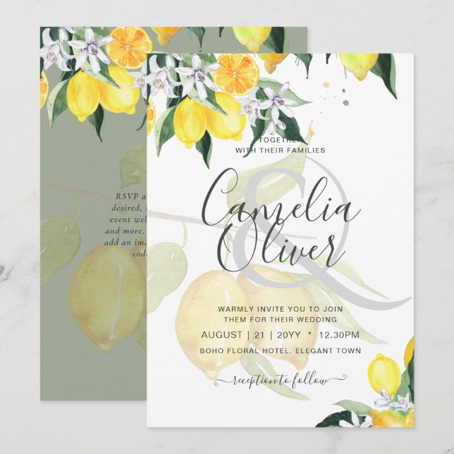 Carte LeahG Citrus Lemons Budget Mariage Inviter Jaune (Devant / Derrière)