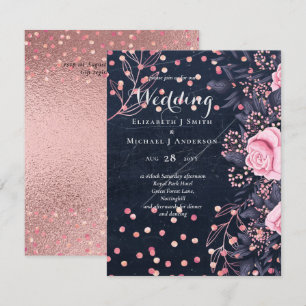 Carte LeahG Denim Blue Rosegold rose Mariage floral