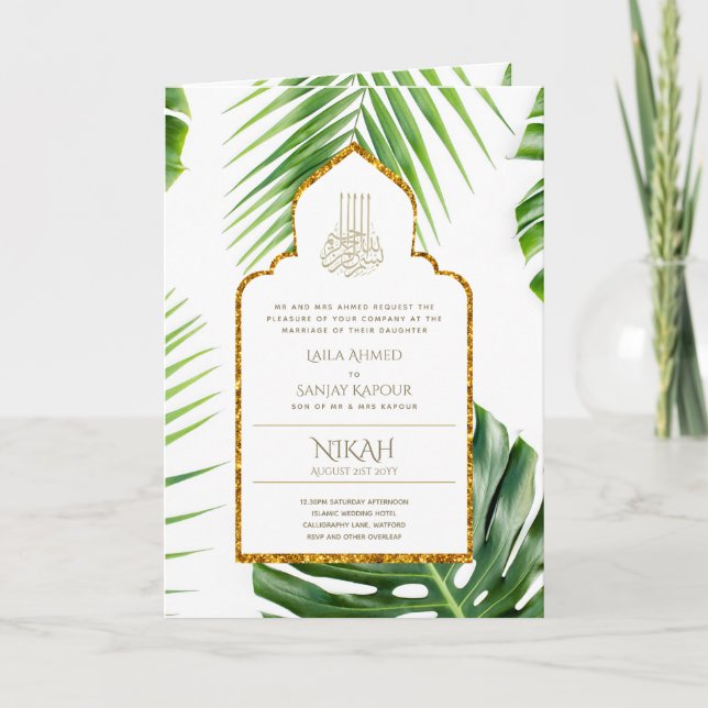 Carte LeahG Feuille tropicale Mariage musulman islamique (Devant)