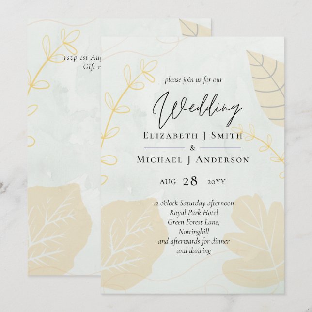 Carte LeahG Mariage Budget Gold Grey Feuilles automnales (Devant / Derrière)