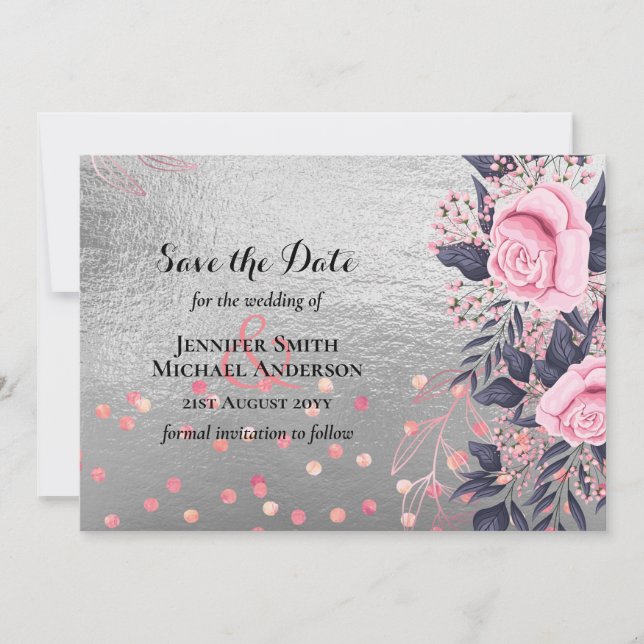 Carte LeahG Silver Navy Rosegold PInk Floral Mariage (Devant)