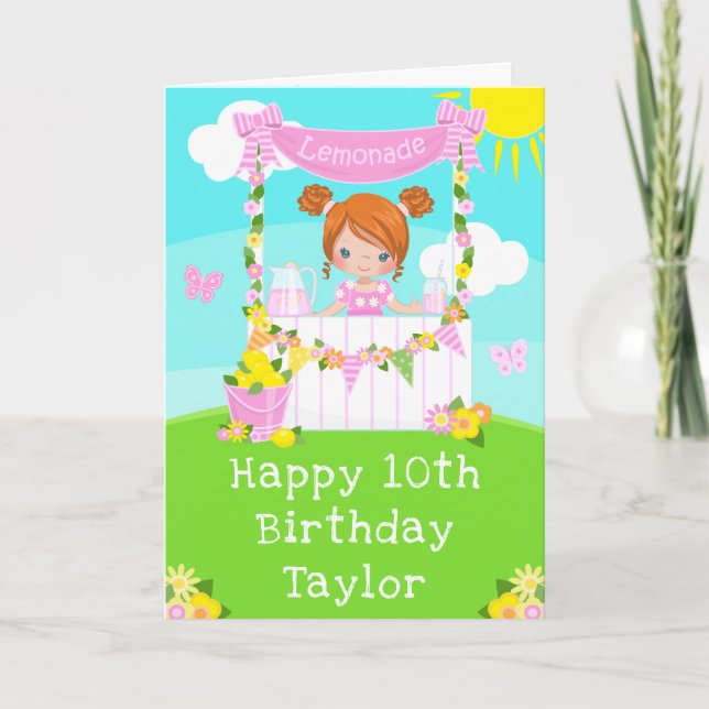 Carte Lemonade rose Fille des cheveux rouges Joyeux anni (Devant)