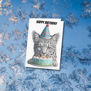 Carte Léopard des neiges avec chapeau d'anniversaire