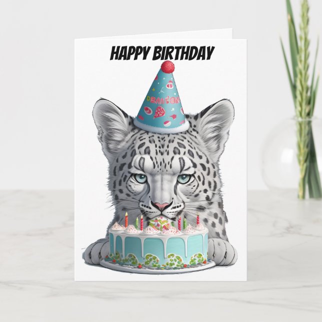 Carte Léopard des neiges avec chapeau d'anniversaire (Devant)