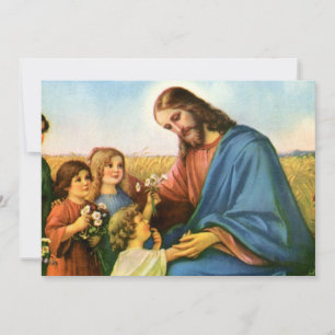 Carte Les enfants vintages apportent des fleurs à Jésus-