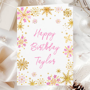 Carte Les flocons de neige roses et d'or Joyeux annivers