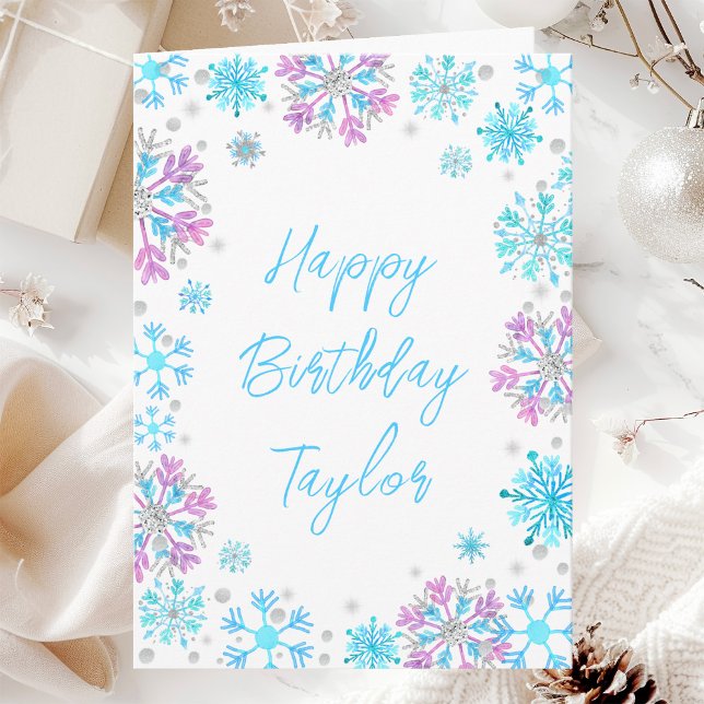 Carte Les flocons de neige violets et bleus Joyeux anniv (Créateur téléchargé)