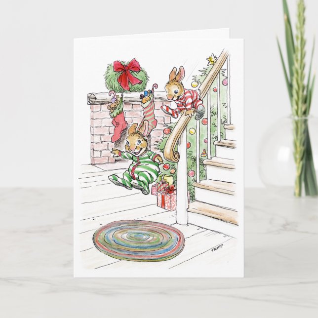 Carte Les lapins de matin de Noël glissent vers le bas (Devant)