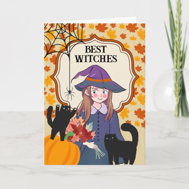 Carte Les meilleures sorcières d'Halloween avec chats et (Devant)