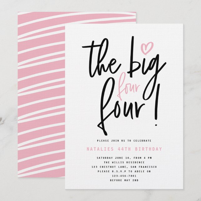 Carte Les quatre grands 4 ! fête d'anniversaire de 44h (Devant / Derrière)