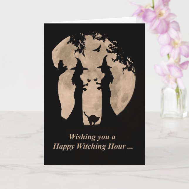 Carte Les sorcières et le vin heureux Halloween (Orchidée)