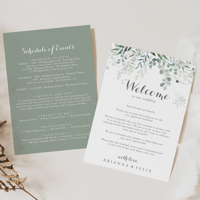Carte LETTRE D'ACCUEIL Mariage Éucalyptus Minimaliste (Créateur téléchargé)