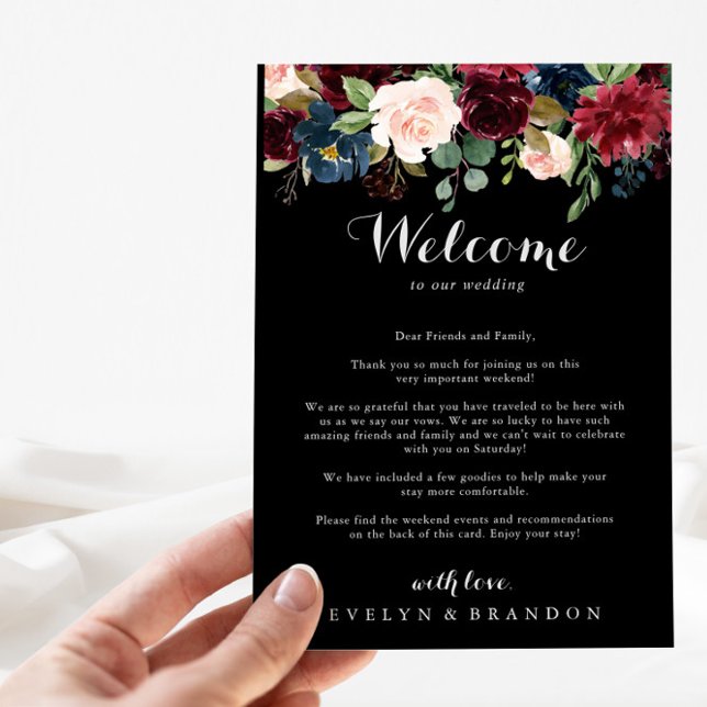 Carte Lettre de bienvenue du Mariage botanique noir rust (Créateur téléchargé)