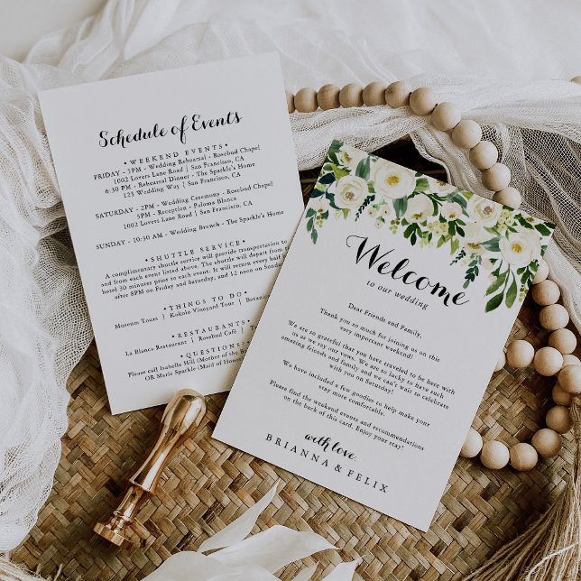 Carte Lettre de bienvenue du Mariage Floral Blanc vert (Créateur téléchargé)
