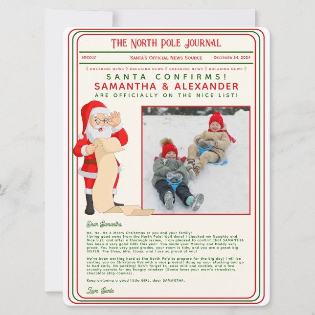 Carte Lettre de Noël du journal Père Noël North Pôle (Devant)