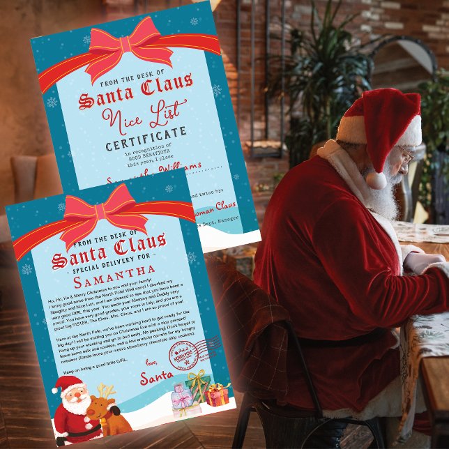 Carte Lettre de Noël du Père Noël Certificat de Liste de (Nice List Certificate Signed and Sealed by Santa Coquette Red Bow Christmas Letter from Santa)