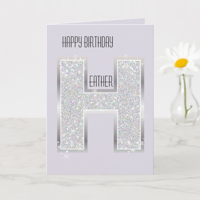 Carte Lettre H Pailletée Violet Lavande Argent (Petite plante)