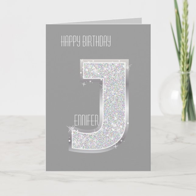 Carte LETTRE Parties scintillant EN ARGENT J (Devant)