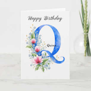 Carte Lettre Q Anniversaire Nom Personnalisé Son Bleu Mo